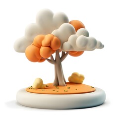 Aufkleber - Whimsical 3D Organic Clay Tree with Floating Clouds on Simple White Background