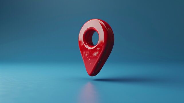 3D A glossy red location pin icon floating on a blue background. Modern 3D rendering concept for maps, GPS, navigation, and location services.