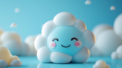 3D Adorable blue cloud cartoon with a cheerful face and pink cheeks. Surrounded by fluffy clouds in a bright, playful setting.