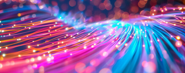 Wall Mural - Selective focus of speed light trail with data information line.Optical fiber connecting.transformative of flowing particle.abstract technology background