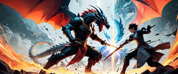 Dramatic digital illustration featuring an epic battle scene between a dragon knight and a warrior in a fiery landscape.