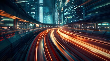 Poster - A high-speed train chase through a futuristic city, tracks spiraling around skyscrapers and through tunnels 