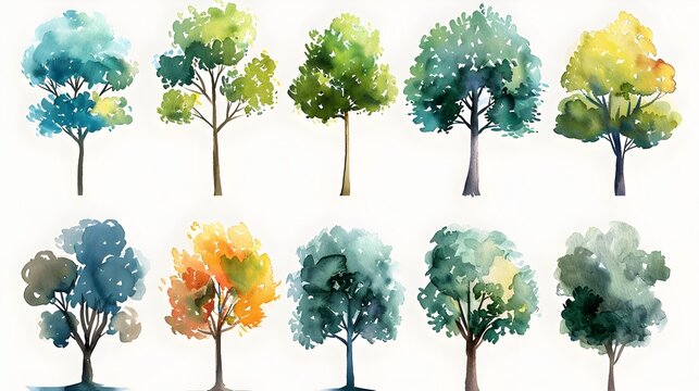Diverse Watercolor Tree Icon Set on White Background