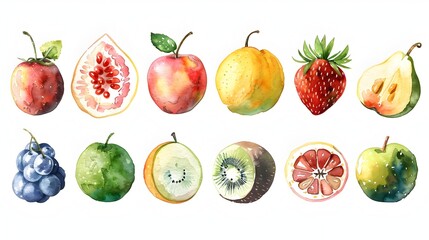 Watercolor Fruit Icon Set on White Background