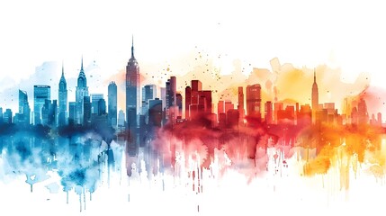 Aufkleber - Vibrant Watercolor Cityscape in Bold Hues on White Background