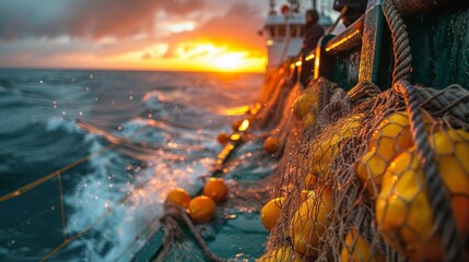 A close-up view of fishing nets and floats on the side of a boat with a warm sunset in the background