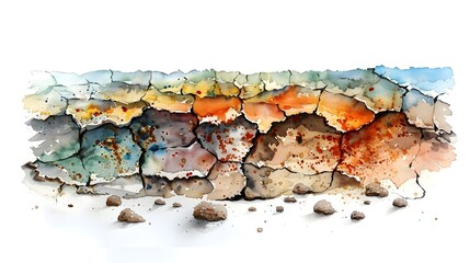 Poster - Weathered Abstract Textured Watercolor Painting of Dry Isolated Parched Earthly Landscape with Cracked Rough Aged Grunge Surface on White Background