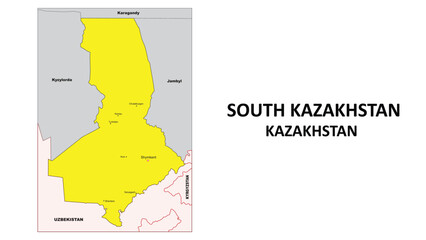 South Kazakhstan Map. District map of Kazakhstan in color with Capital. District boundaties of South Kazakhstan