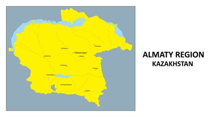  Almaty Region Map. District map of Kazakhstan in color with Capital. District boundaties of Almaty Region