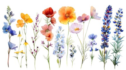 Wall Mural - Colorful Floral Watercolor with Diverse Blooming Wildflowers and Botanical Elements