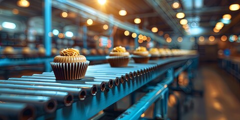 Wall Mural - A conveyor belt with a cupcake on it