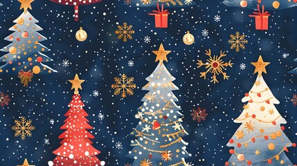Poster - Elegant Christmas with Festive Trees and Glowing on Starry Night Sky Background