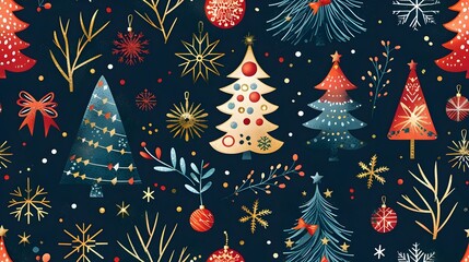 Aufkleber - Festive Christmas Holiday with Decorative Trees and Snowflakes