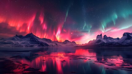 Poster - Mesmerizing Aurora Borealis Reflected in Frozen Glacial Lake Against Dramatic Mountainous Landscape