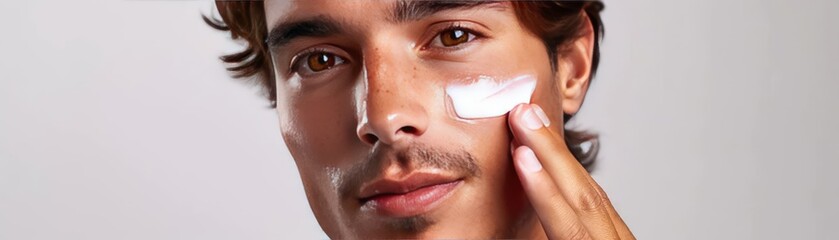 Man applying moisturizer to face, isolated on white background, dicut PNG style