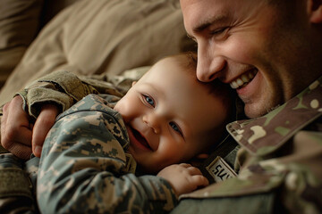 Leinwandbilder - Generative AI image of male soldier returning from war or army embrace his baby