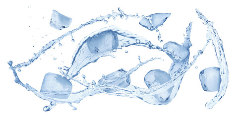 Wall Mural - Ice cubes and splashing water in air on white background