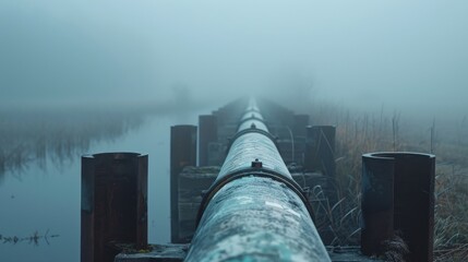 Wall Mural - A long pipe is sitting in the grass on a foggy day