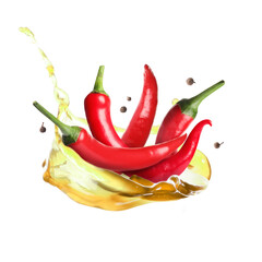 Wall Mural - Splash of cooking oil, chili peppers and peppercorns isolated on white