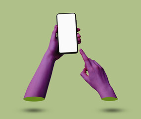 Wall Mural - Woman holding phone with empty screen in hands on olive background, closeup. Art collage