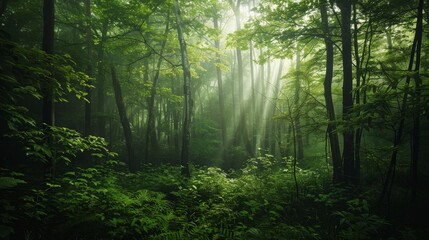 Wall Mural - A lush green forest with sunlight shining through the trees