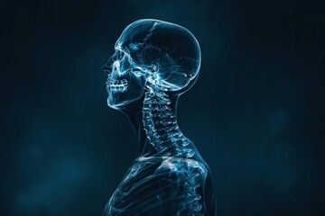 Human skeleton xray on dark blue background for medical research and education purposes