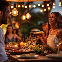 Poster - Friends enjoying a lively outdoor dinner party with festive lights, delicious food, and laughter under the evening sky.