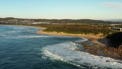 Poster - Scenic Pacific coast of Australia at Swansea channel Caves beach – aerial 4k.
