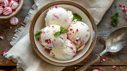 Wall Mural - Bowl of  Peppermint Candy Cane Ice Cream on a Wooden Table with Space for Copy