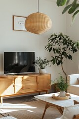 Wall Mural - Minimalist Scandinavian living room with a focus on natural materials. Include a sleek, white-oak media console, a modular sofa, and a statement pendant light, generated with AI