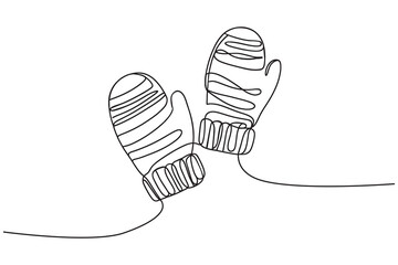 Wall Mural - Winter Mittens drawn one continuous line, vector illustration