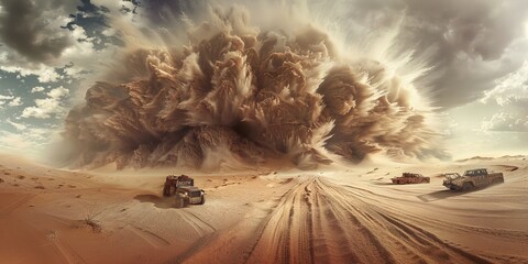 Photograph, ultra-wide, fury road, sand storm, dust, cloud, day, generated with AI