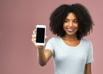 Poster - Happy, mockup and woman with smartphone in studio for advertising, information and notification. Female person, smile and tech with screen for website, marketing and promotion on pink background
