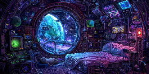 Wall Mural - Psychedelic art, interior, small bedroom on a space station, planet and stars and space station out the window, generated with AI