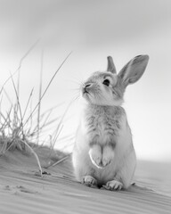 Wall Mural - Rabbit in black and white, minimalist style and the rabbit is looking at the sky with hope, generated with AI