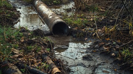 A muddy stream with two pipes running through it