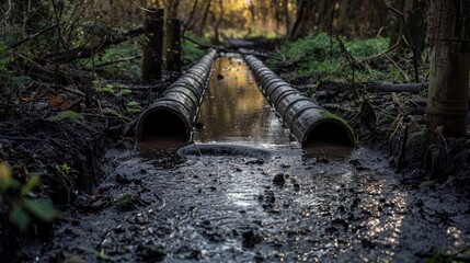 Wall Mural - A muddy stream with two pipes running through it