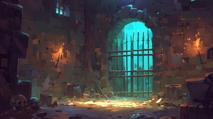 Illustration of a medieval dungeon within a castle complete with torch lit stone walls and an old door showcasing an empty jail cell with iron bars and spiderwebs in a cartoon 2d style set a