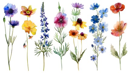 Aufkleber - Watercolor Botanicals Vibrant Floral of Delicate Blossoms and Leaves in Meadow