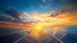 © sch_ai - Solar panels under the sunset sky with copy space for text, solar power plant landscape. Green energy concept. Stock photo with space for a banner logo, generated with AI