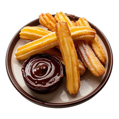Wall Mural - front view of Churros with a side of rich chocolate dipping sauce, served on a Spanish churro plate, food photography style isolated on a white transparent background