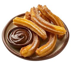 Wall Mural - front view of Churros with a side of rich chocolate dipping sauce, served on a Spanish churro plate, food photography style isolated on a white transparent background