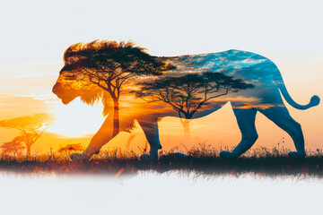 big african five. lion going in savannah at sunset with double exposure. a beautiful king of beasts 