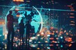 © Odin AI - Silhouetted figures stand before a vibrant and dynamic digital world map backdrop, illustrating globalization