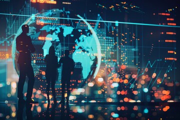 Poster - Silhouetted figures stand before a vibrant and dynamic digital world map backdrop, illustrating globalization