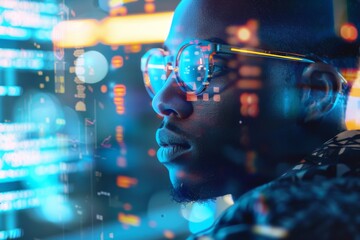 Fototapete - A digitally enhanced image showing a blurry figure overlaid with vibrant technology graphics and lights