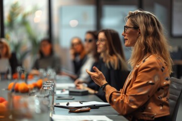 Poster - Professional individuals in a meeting room with a woman presenting, faces blurred for privacy