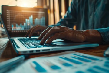 Poster - Hands typing on a laptop with financial charts visible on the screen and in the printed data
