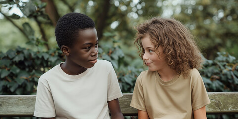 Diverse friendship between two children smiling, enjoying nature, sitting on a bench in the park