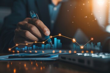 Poster - A business person’s hand is drawing an upward growth chart on a futuristic interface, indicating progress
